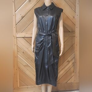 ANTONIO MELANI Black Faux Leather Button-Front Midi Dress